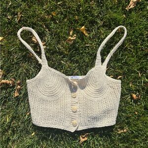 Zara Beige Knit Button-Up Crop Top